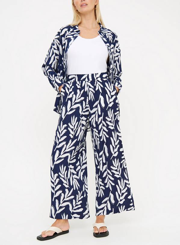 Navy Leaf Print Textured Wide Leg Coord Trousers 10